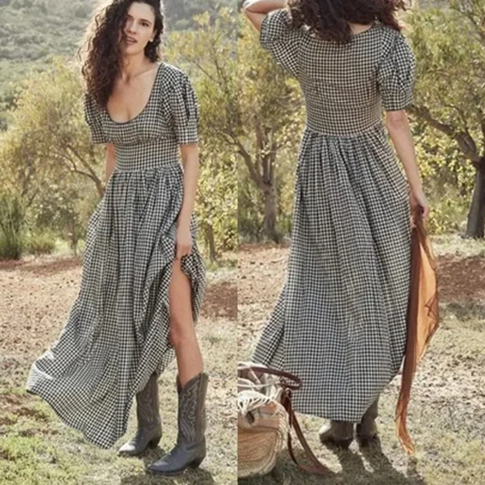 NWT DOEN Kennedy Gingham Maxi Dress Boho Puff Sleeve Black & White Size Small - Picture 1 of 16